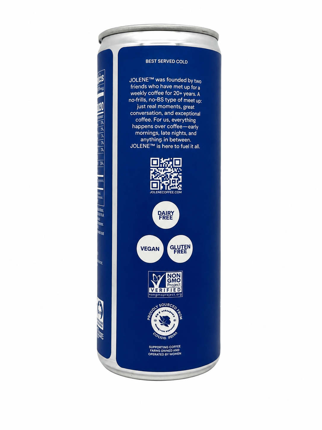 Jolene Blue can, brand story panel with dairy free, vegan and gluten free badges
