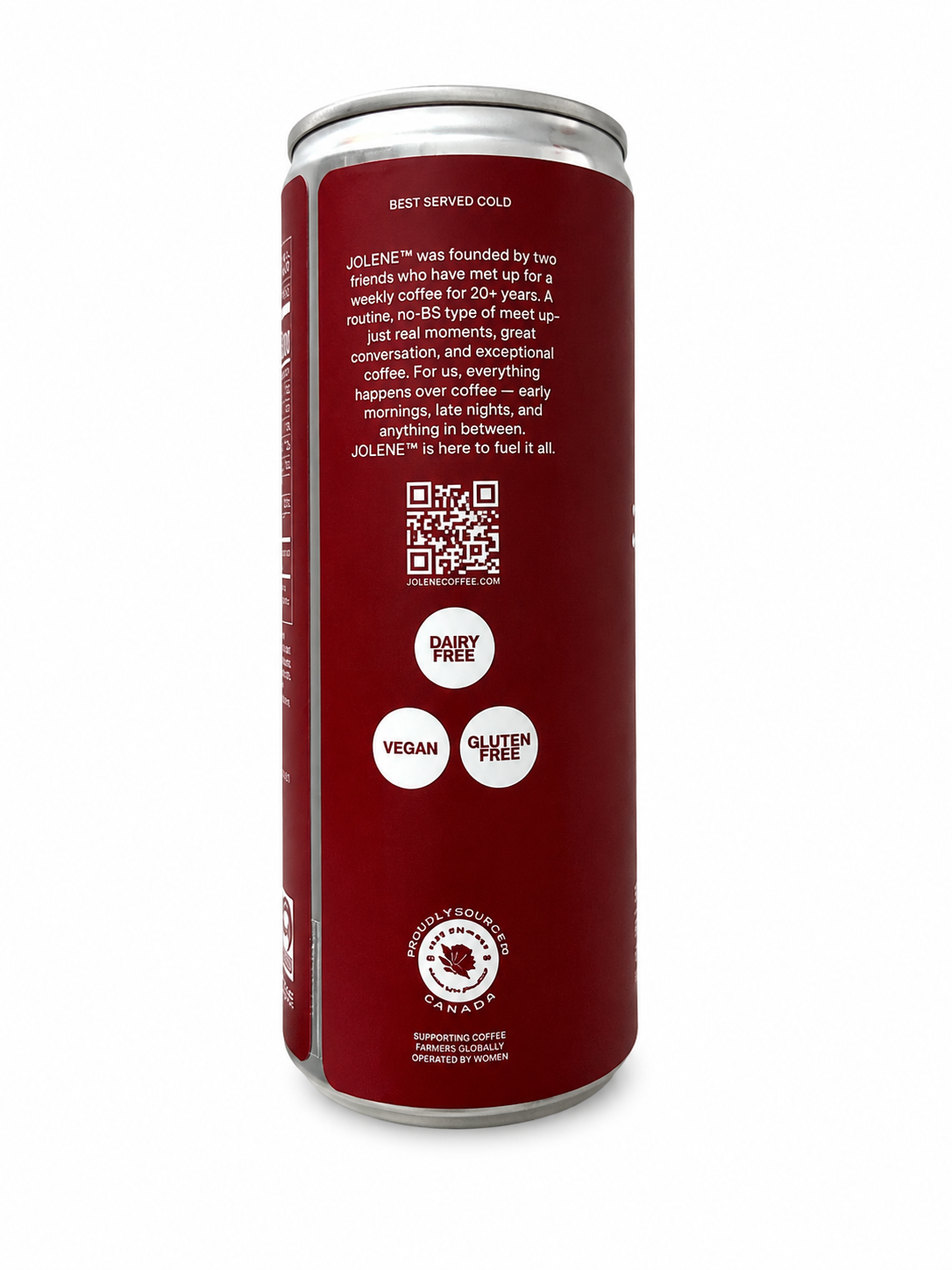 Jolene Red can, brand story panel with dairy free, vegan and gluten free badges